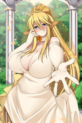 Size: 667x1000 | Tagged: safe, artist:lindarozeart, centorea shianus (monster musume), animal humanoid, centaur, equine, fictional species, mammal, humanoid, taur, monster musume, blonde hair, blue eyes, blushing, breasts, cleavage, clothes, collar, dress, evening gloves, female, gloves, hair, huge breasts, lidded eyes, long gloves, long hair, looking at you, outdoors, pointy ears, reaching out, reaching out to you, smiling, smiling at you, solo, solo female, wedding dress, wedding ring, wedding veil