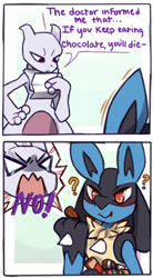 Size: 413x750 | Tagged: dead source, safe, artist:loppifi, fictional species, legendary pokémon, lucario, mammal, mewtwo, anthro, nintendo, pokémon, angry, blushing, chocolate, comic, confused, dialogue, duo, duo male, food, heart, heart eyes, holding object, imminent death, male, males only, open mouth, paper, question mark, smiling, sparkly eyes, speech bubble, spikes, talking, wingding eyes, yelling