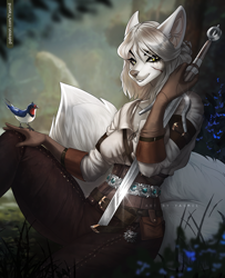 Size: 1020x1259 | Tagged: safe, artist:yasmil, ciri (the witcher), bird, canine, mammal, wolf, anthro, feral, cd projekt red, the witcher, alternate species, belt, bottomwear, clothes, corset, ear fluff, female, flower, fluff, fur, gloves, hair, looking at you, outdoors, pants, scar, shirt, sitting, smiling, solo, solo female, topwear, tree, white body, white fur, white hair, yellow eyes
