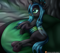 Size: 2250x2000 | Tagged: safe, artist:novaspark, queen chrysalis (mlp), arthropod, changeling, changeling queen, equine, fictional species, feral, friendship is magic, hasbro, my little pony, female, high res, lying on bed, solo, solo female