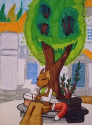 Size: 1089x1477 | Tagged: safe, artist:kuroneko, quill-weave (the elder scrolls), argonian, fictional species, reptile, anthro, prequel (webcomic), the elder scrolls, coffee, drink, female, marker drawing, solo, solo female, tail, tail stocking, traditional art, tree