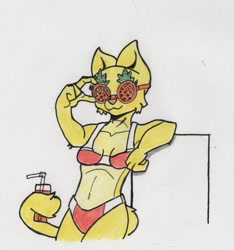 Size: 705x753 | Tagged: safe, artist:kuroneko, oc, oc only, oc:katia managan, feline, fictional species, khajiit, mammal, anthro, prequel (webcomic), the elder scrolls, clothes, female, glass, holding, simple background, solo, solo female, straw, swimsuit, tail, tail hold, white background