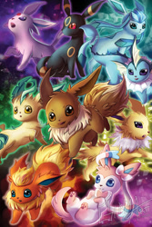 Size: 853x1280 | Tagged: safe, artist:ginmaart, eevee, eeveelution, espeon, fictional species, flareon, glaceon, jolteon, leafeon, mammal, sylveon, umbreon, vaporeon, feral, nintendo, pokémon, 2020, 2d, abstract background, amber eyes, ambiguous gender, ambiguous only, black body, black fur, blue body, blue eyes, brown body, brown eyes, brown fur, color porn, cream body, cream fur, cute, digital art, featured image, fur, group, open mouth, paw pads, paws, pink body, pink fur, purple eyes, redesign, signature, tail, underpaw, watermark, white body, yellow body, yellow fur