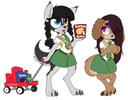 Size: 3304x2576 | Tagged: safe, artist:lockheart, canine, dog, husky, mammal, anthro, digitigrade anthro, oreo, badge, bottomwear, box, clothes, cookie, duo, duo female, eye through hair, female, floppy ears, food, fortune cookie, girl scout, hair, hair clip, hair over one eye, heterochromia, high res, holding object, necktie, nervous, open mouth, shirt, simple background, skirt, smiling, tail, text, toe claws, tongue, tongue out, topwear, transparent background, uniform, wagon, young