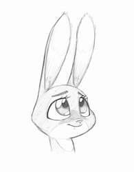 Size: 906x1161 | Tagged: safe, artist:topshelfblog, judy hopps (zootopia), lagomorph, mammal, rabbit, anthro, disney, zootopia, bust, female, grayscale, looking up, monochrome, portrait, simple background, solo, solo female, white background