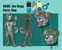 Size: 1280x1047 | Tagged: safe, artist:dogg, oc, oc only, oc:joe dogg (dogg), canine, dog, mammal, anthro, digitigrade anthro, belly button, blushing, butt, character name, chest fluff, collar, drunk, drunk bubbles, eyes closed, fangs, featureless crotch, fluff, hand on hip, male, open mouth, raised hand, rear view, reference sheet, sharp teeth, smiling, solo, solo male, spots, tail, teeth, text, tongue, tongue out