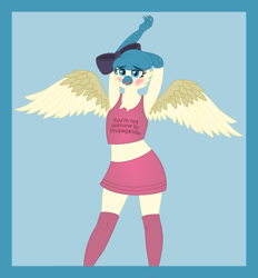 Size: 1441x1553 | Tagged: safe, artist:plone, oc, oc only, oc:aiah (plone), bird, anthro, arm behind head, blue background, blushing, bottomwear, bow, clothes, crop top, femboy, hair bow, legwear, looking at you, male, midriff, open mouth, raised arm, simple background, skirt, smiling, solo, solo male, spread wings, stockings, tank top, text, topwear, wings