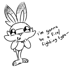 Size: 463x445 | Tagged: safe, artist:lockheart, fictional species, mammal, scorbunny, anthro, plantigrade anthro, nintendo, pokémon, ambiguous gender, buckteeth, dialogue, grayscale, low res, monochrome, open mouth, puppy eyes, simple background, smiling, solo, solo ambiguous, starter pokémon, talking, teeth, white background