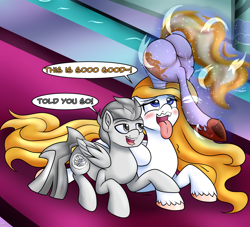 Size: 2200x2000 | Tagged: suggestive, artist:novaspark, daybreaker (mlp), oc, oc:angel, oc:angelissa, oc:lightning flash, equine, mammal, pony, feral, friendship is magic, hasbro, my little pony, 2019, absorption, blushing, butt, female, fetish, high res, hooves, horn, horn vore, lying down, magic, male, mare, not salmon, prone, speech bubble, stallion, tail, tongue, tongue out, underhoof, vore, wat, why, wings