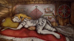 Size: 1278x711 | Tagged: suggestive, artist:teiirka, big cat, feline, mammal, tiger, anthro, bed, blonde hair, breasts, eyes closed, female, fur, hair, indoors, nudity, paws, pillow, shield, sleeping, solo, solo female, striped fur, sword, tail, tapestry, traditional art, weapon, white body, white fur, white tiger