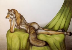 Size: 1247x864 | Tagged: suggestive, artist:teiirka, canine, coyote, mammal, anthro, female, nudity, solo, solo female, traditional art