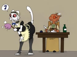 Size: 1357x1009 | Tagged: suggestive, artist:kuroneko, quill-weave (the elder scrolls), oc, argonian, feline, fictional species, khajiit, mammal, reptile, anthro, prequel (webcomic), the elder scrolls, albino, apron, bent over, bottle, clothes, digital art, duo, duster, female, fur, inkwell, maid headdress, maid outfit, musical note, orange eyes, quills, raised tail, red eyes, table, tail, white body, white fur