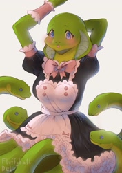 Size: 1448x2048 | Tagged: safe, artist:fluffyball_del, oc, oc only, oc:sylene, reptile, snake, anthro, blushing, clothes, female, maid outfit, multiple heads, solo, solo female