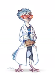 Size: 1280x1778 | Tagged: safe, artist:inowiseei, oc, oc only, bird, bird of prey, owl, anthro, bird feet, bottomwear, clothes, digital art, female, goggles, lab coat, looking at you, nasa, pants, shirt, simple background, solo, solo female, topwear, white background, wing hands