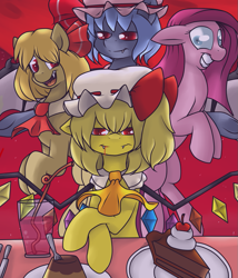 Size: 875x1024 | Tagged: safe, artist:reneesdetermination, flandre scarlet (touhou), pinkamena diane pie (mlp), pinkie pie (mlp), remilia scarlet (touhou), rumia (touhou), bat pony, earth pony, equine, fictional species, mammal, pony, undead, vampire, vampony, feral, friendship is magic, hasbro, my little pony, touhou, blood, blood on face, cake, creepy smile, crossover, female, females only, food, group, mare, ponified, smiling