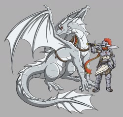 Size: 1280x1221 | Tagged: safe, artist:rakkuguy, oc, dragon, fictional species, human, mammal, feral, ambiguous gender, armor, dagger, duo, gray background, knight, male, saddle, simple background, sword, weapon