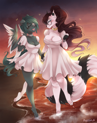 Size: 2368x3000 | Tagged: safe, artist:bunnywhiskerz, oc, oc:lacy (birb), oc:nika (bunnywhiskerz), cat, equine, feline, fictional species, mammal, pegasus, pony, anthro, barefoot, beach, breasts, brown hair, cleavage, clothes, collar, dress, eyes closed, female, female/female, freckles, fur, glasses, green body, green fur, green hair, hair, high res, holding, holding hands, looking at each other, meganekko, outdoors, round glasses, signature, smiling, sunset, water, white body, white fur