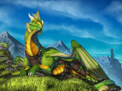 Size: 2000x1500 | Tagged: safe, artist:jackrow, oc, dragon, fictional species, feral, armor, castle, lying, lying on the ground, male, mountain, solo, solo male