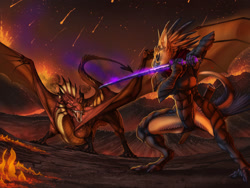 Size: 2000x1500 | Tagged: safe, artist:jackrow, oc, bird, dragon, fictional species, anthro, feral, ambiguous gender, armor, duo, duo ambiguous, fighting, lava, mountain, night, outdoors, sword, tengu, weapon
