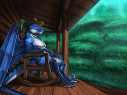 Size: 1280x960 | Tagged: safe, artist:jackrow, oc, dragon, fictional species, anthro, blue body, blue scales, blue wings, chair, claws, clothes, complete nudity, forest, green body, hat, horns, male, nudity, outdoors, porch, rain, reptile feet, scales, side view, sitting, solo, solo male, spread wings, striped body, tail, webbed wings, wings