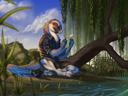 Size: 2000x1500 | Tagged: safe, artist:jackrow, oc, dinosaur, raptor, theropod, anthro, camera, clothes, day, flower, male, outdoors, river, solo, solo male, water