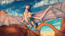 Size: 2000x1125 | Tagged: safe, artist:jackrow, oc, dragon, fictional species, feral, 16:9, arc, flying, male, mountain range, outdoors, solo, solo male, stone arc, wallpaper