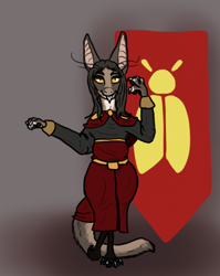 Size: 430x539 | Tagged: safe, artist:welcometaco, viracroix salia (out-of-placers), fictional species, yinglet, anthro, the out-of-placers, clothes, solo, species swap