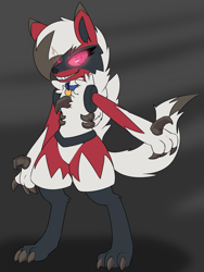 Size: 1506x2000 | Tagged: safe, artist:lockheart, fakemon, fictional species, lucario, lycanroc, mammal, midnight lycanroc, anthro, digitigrade anthro, nintendo, pokémon, ambiguous gender, claws, collar, colored sclera, fusion, glowing, glowing eyes, grin, red eyes, red sclera, sharp teeth, smiling, solo, solo ambiguous, tail, teeth