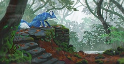 Size: 1024x532 | Tagged: safe, artist:astarcis, oc, oc only, oc:keero (synex), canine, fox, mammal, feral, 2020, blue body, blue fur, bush, digital art, forest, fur, male, paws, rain, ruins, scenery, side view, sitting, solo, solo male, stairs, tree, water, white body, white fur