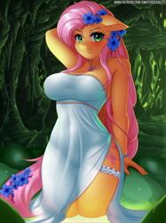 Size: 2250x3001 | Tagged: safe, alternate version, artist:twistedscarlett60, fluttershy (mlp), queen chrysalis (mlp), equine, fictional species, mammal, pegasus, pony, anthro, friendship is magic, hasbro, my little pony, anthrofied, armpits, arms behind head, belly button, big breasts, blushing, breasts, cave, clothes, cutie mark, digital art, disguise, disguised changeling, dress, ear fluff, ears, eyelashes, feathers, female, flower, flower in hair, flower in tail, fluff, fur, garter belt, green eyes, hair, hair accessory, high res, looking at you, pink hair, pose, side slit, solo, solo female, tail, thighs, water, wet, wide hips, wings, yellow feathers