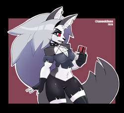 Size: 1267x1151 | Tagged: safe, artist:tanooki_luna, artist:tanookiluna, loona (vivzmind), canine, fictional species, hellhound, mammal, anthro, hazbin hotel, helluva boss, 2020, abstract background, big tail, black body, black border, black fur, black nose, border, bottomwear, breasts, cell phone, chest fluff, clothes, collar, colored sclera, crop top, ear piercing, ears, female, fingerless gloves, fluff, fur, gloves, gray hair, gray tail, hair, hands, long hair, looking at you, phone, piercing, red sclera, shorts, shoulder fluff, silver eyes, silver hair, smartphone, solo, solo female, spiked collar, tail, thick thighs, thighs, topwear, torn ear, white body, white fur, white outline
