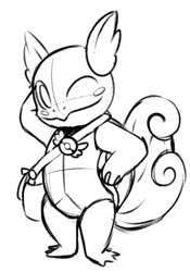Size: 340x486 | Tagged: safe, artist:lockheart, fictional species, wartortle, anthro, plantigrade anthro, nintendo, pokémon, pokémon mystery dungeon, ambiguous gender, arm behind head, badge, black and white, blush sticker, grayscale, hand on hip, looking at you, low res, monochrome, one eye closed, satchel, simple background, sketch, smiling, solo, solo ambiguous, starter pokémon, tail, white background