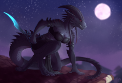 Size: 1240x841 | Tagged: safe, artist:hornedfreak, oc, dragon, fictional species, reptile, anthro, clothes, female, horns, kneeling, moon, night, night sky, on one knee, red eyes, sky, solo, solo female, sword, weapon