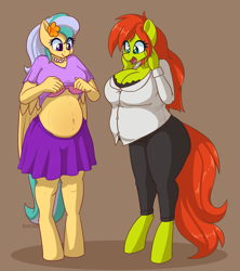 Size: 920x1036 | Tagged: safe, artist:askbumpywish, oc, oc only, equine, fictional species, mammal, pegasus, pony, anthro, unguligrade anthro, friendship is magic, hasbro, my little pony, anthrofied, belly, belly button, big belly, big breasts, bottomwear, bra, breasts, clothes, commission, digital art, duo, duo female, ears, eyelashes, feathers, female, flower, flower in hair, fur, green body, green eyes, green fur, hair, hair accessory, hooves, multicolored hair, multicolored tail, open mouth, open smile, orange hair, orange tail, pregnant, purple eyes, shirt, shirt lift, simple background, skirt, smiling, tail, topwear, underwear, wings, yellow body, yellow feathers, yellow fur