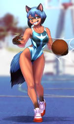 Size: 2850x4750 | Tagged: safe, artist:mykegreywolf, michiru kagemori (bna), canine, mammal, raccoon dog, anthro, plantigrade anthro, bna: brand new animal, 2020, anime, athletic, athletic female, ball, basketball, basketball court, biceps, black nose, blue hair, blue tail, breasts, clothes, detailed background, digital art, dipstick tail, ears, elbow fluff, eyelashes, female, fluff, fur, gloves (arm marking), grin, hair, high res, hip fluff, leg fluff, legs, looking at you, mask (facial marking), motion lines, multicolored eyes, one-piece swimsuit, open mouth, open smile, outdoors, quadriceps, sexy, shoes, shoulder fluff, smiling, smiling at you, sneakers, socks (leg marking), solo, solo female, sport swimsuit, swimsuit, tail, tail fluff, thigh gap, thighs, thong swimsuit, tomboy, two toned eyes, wide hips