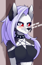 Size: 1300x2000 | Tagged: safe, artist:shadowreindeer, loona (vivzmind), canine, fictional species, hellhound, mammal, anthro, hazbin hotel, helluva boss, 2019, black body, black fur, black nose, blatant lies, blushing, breasts, clothes, collar, colored sclera, crop top, cute, dialogue, ear piercing, ears, female, fluff, fur, hair, i'm not cute, looking at you, multicolored fur, piercing, red sclera, shadow, shoulder fluff, silver eyes, solo, solo female, spiked collar, swearing, talking, talking to viewer, topwear, torn ear, tsundere, two toned body, two toned fur, vulgar, white body, white fur, white hair