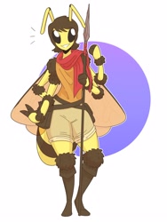 Size: 1916x2548 | Tagged: safe, artist:slightlysimian, oc, oc only, oc:nel (slightlysimian), arthropod, bee, insect, anthro, abstract background, bag, belt, boots, bottomwear, brown body, brown fur, brown hair, clothes, elbow fluff, female, fist, fluff, fur, hair, hand on hip, holding object, knee fluff, leg fluff, multiple arms, scarf, shirt, shoes, shorts, shoulder fluff, sleeveless, smiling, solo, solo female, spear, topwear, weapon, wings, wrist fluff, yellow body