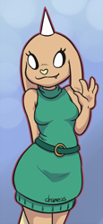 Size: 426x930 | Tagged: safe, artist:draneas, viola (adventure time), canine, dog, fictional species, hybrid, mammal, rainicorn, anthro, adventure time, cartoon network, arm behind back, belt, black sclera, breasts, clothes, colored sclera, fangs, female, floppy ears, horn, raised hand, sharp teeth, signature, smiling, solo, solo female, sweater, tail, teeth, topwear, waving, white eyes