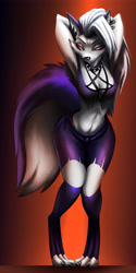 Size: 2737x5483 | Tagged: safe, artist:thewyvernsweaver, loona (vivzmind), canine, demon, fictional species, hellhound, mammal, anthro, digitigrade anthro, hazbin hotel, helluva boss, armpits, bottomwear, breasts, claws, cleavage, clothes, collar, colored sclera, crop top, ear piercing, ears, female, fur, goth, legwear, looking at you, paws, piercing, purple body, purple fur, red background, red sclera, silver eyes, simple background, solo, solo female, spiked collar, standing, tail, topwear, torn ear, white body, white eyes, white fur