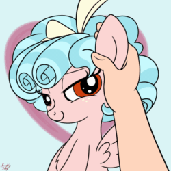 Size: 600x600 | Tagged: source needed, safe, artist:littlenaughtypony, cozy glow (mlp), equine, fictional species, human, mammal, pegasus, pony, friendship is magic, hasbro, my little pony, 2d, 2d animation, animated, chest fluff, cute, ear scratch, female, filly, fluff, foal, frame by frame, freckles, gif, lidded eyes, looking at you, offscreen character, petting, smiling, spread wings, ungulate, wings, young