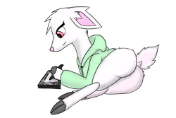 Size: 3000x2000 | Tagged: safe, artist:albinoraynedeer, oc, oc only, oc:rayne blanc (albinoraynedeer), cervid, deer, mammal, white-tailed deer, feral, albino, butt, clothes, cloven hooves, doe, drawing, drawing tablet, feet, female, high res, holding, holding object, hoodie, hoof hold, hooves, looking down, lying down, on side, rear view, simple background, solo, solo female, stylus, tail, topwear, transparent background, underfoot