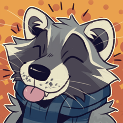 Size: 400x400 | Tagged: safe, artist:comfybones, oc, oc only, oc:sticks (sticksraccoon), mammal, procyonid, raccoon, ambiguous form, 2019, abstract background, black nose, blep, bust, cheek fluff, clothes, cute, cute little fangs, digital art, eyes closed, fangs, fluff, fur, gray body, gray fur, low res, male, ocbetes, portrait, scarf, sharp teeth, solo, solo male, teeth, tongue, tongue out, whiskers, white body, white fur