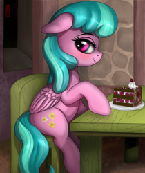 Size: 2340x2790 | Tagged: safe, artist:celsian, equine, fictional species, mammal, pegasus, pony, feral, hasbro, my little pony, background character, blushing, cake, chair, cherry, desk, female, floppy ears, food, fruit, high res, hooves, lidded eyes, looking at you, mare, raised hoof, sitting, smiling, solo, solo female, unnamed character, whipped cream