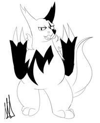 Size: 1049x1280 | Tagged: safe, artist:almaustral, fictional species, mammal, zangoose, semi-anthro, nintendo, pokémon, ambiguous gender, claws, monochrome, open mouth, signature, simple background, solo, solo ambiguous, white background