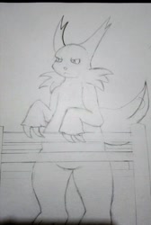 Size: 859x1280 | Tagged: safe, artist:almaustral, fictional species, mammal, zangoose, semi-anthro, nintendo, pokémon, ambiguous gender, bipedal, claws, fence, grayscale, line art, monochrome, outdoors, solo, solo ambiguous, traditional art