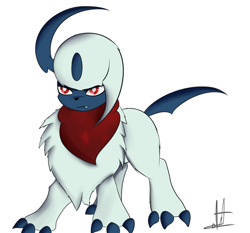Size: 860x800 | Tagged: safe, alternate version, artist:almaustral, absol, fictional species, mammal, feral, nintendo, pokémon, ambiguous gender, chest fluff, clothes, fluff, scarf, signature, simple background, solo, solo ambiguous, white background