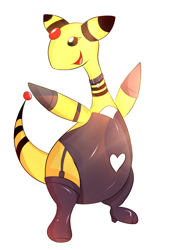 Size: 874x1280 | Tagged: safe, artist:almaustral, ampharos, fictional species, mammal, semi-anthro, nintendo, pokémon, ambiguous gender, bipedal, clothes, gloves, latex, latex gloves, latex suit, open mouth, simple background, smiling, solo, solo ambiguous, tail, white background