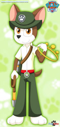 Size: 872x1840 | Tagged: safe, artist:playzone, tracker (paw patrol), canine, chihuahua, dog, mammal, anthro, digitigrade anthro, indiana jones (series), nickelodeon, paw patrol, bag, black nose, brown body, brown eyes, brown fur, clothes, collar, crossover, digital art, ears, fur, hat, holding, looking at you, male, simple background, smiling, smiling at you, solo, solo male, standing, tail, white body, white fur