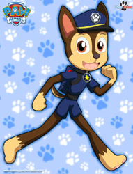 Size: 920x1205 | Tagged: safe, artist:playzone, chase (paw patrol), canine, dog, german shepherd, mammal, anthro, digitigrade anthro, nickelodeon, paw patrol, bag, black nose, brown body, brown eyes, brown fur, clothes, collar, digital art, ears, fur, hat, looking at you, male, multicolored fur, open mouth, open smile, simple background, smiling, smiling at you, solo, solo male, suit, tail, tan body, tan fur, two toned body, two toned fur
