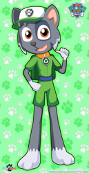 Size: 920x1780 | Tagged: safe, artist:playzone, rocky (paw patrol), canine, dog, mammal, mutt, anthro, digitigrade anthro, nickelodeon, paw patrol, bag, black nose, clothes, collar, digital art, ears, fur, gray body, gray fur, hat, looking at you, male, multicolored fur, open mouth, open smile, orange eyes, simple background, smiling, smiling at you, solo, solo male, suit, tail, two toned body, two toned fur, white body, white fur